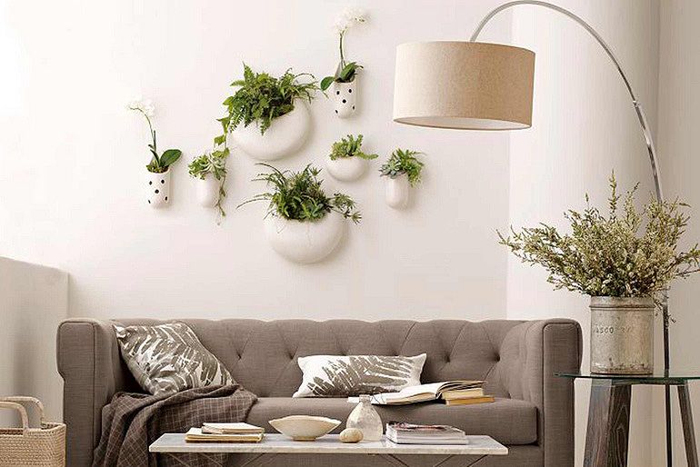украшение стены гостиной зелеными растениями